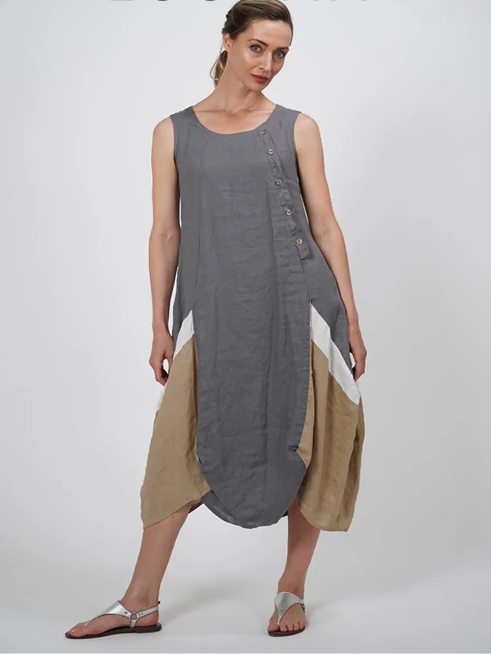 Luukaa NYLA Sleeveless Linen Balloon Dress Gray Taupe Color Block US 14 EU 44